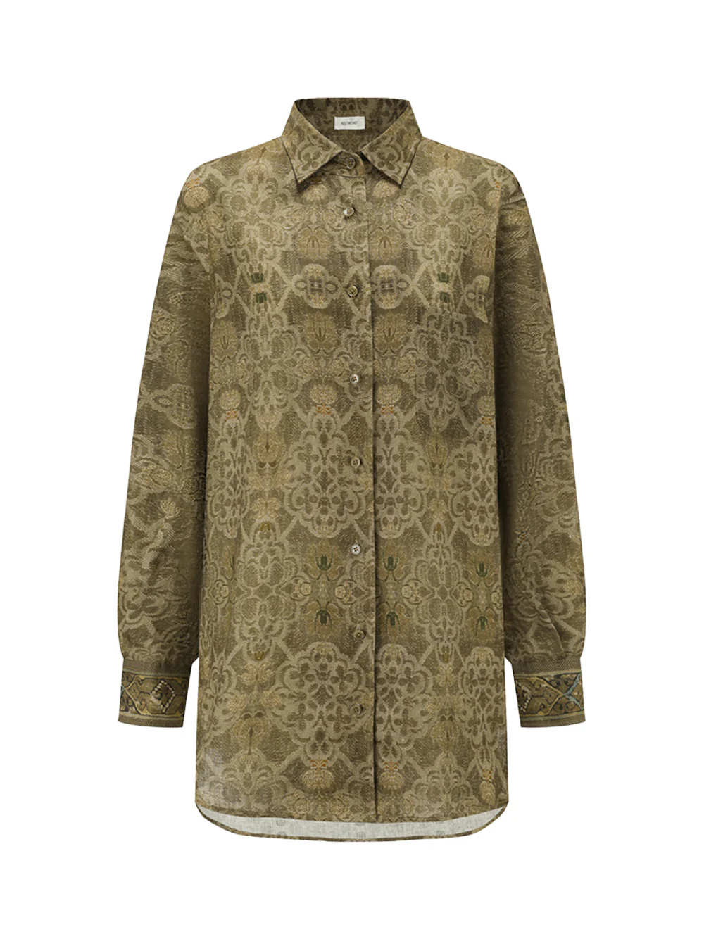 Into The East Women Moss Green Tone-on-Tone Printed Linen Shirt